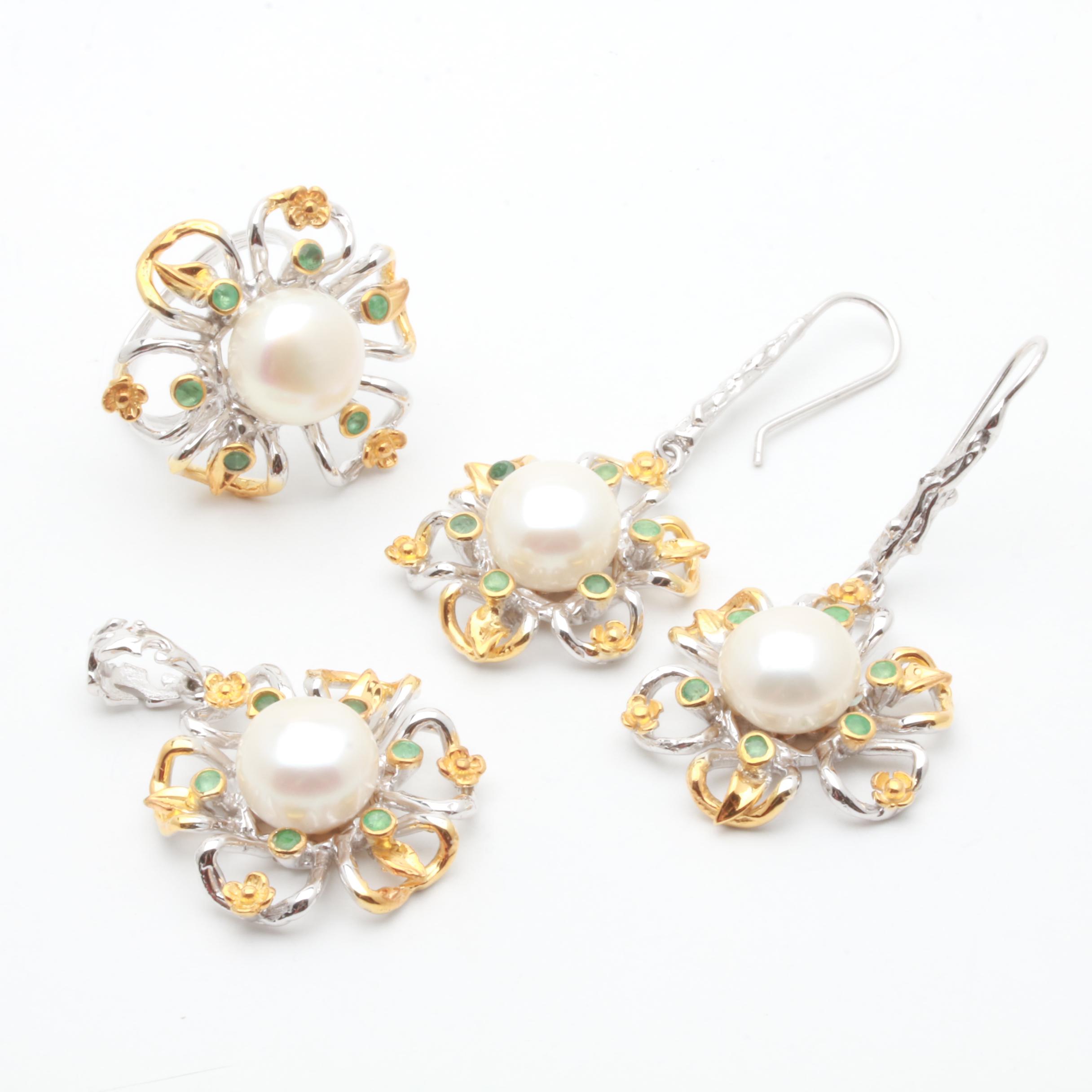 Sterling Silver Cultured Pearl and Green Beryl Jewelry