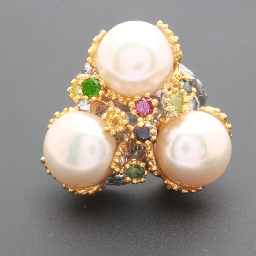 Sterling Silver Cultured Pearl and Gemstone Ring