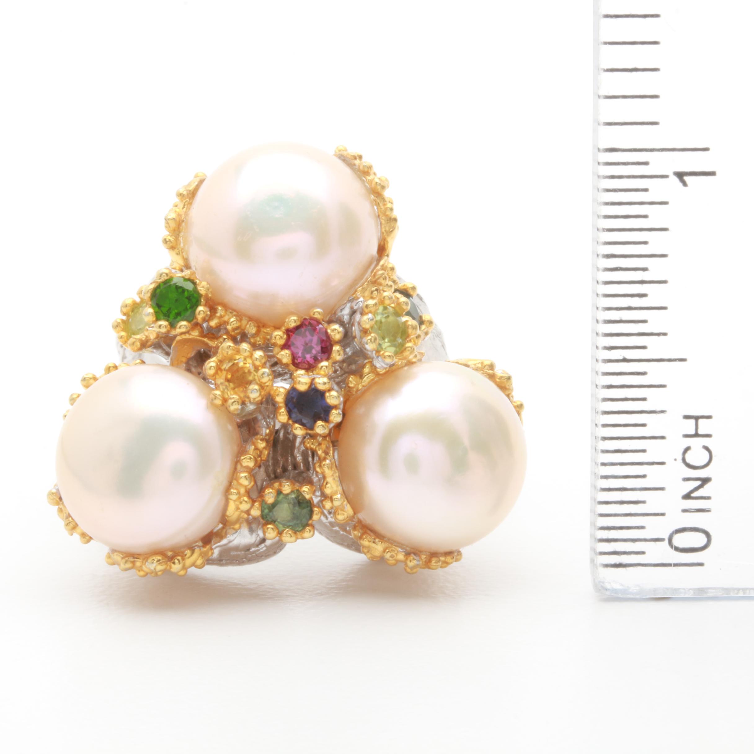 Sterling Silver Cultured Pearl and Gemstone Ring