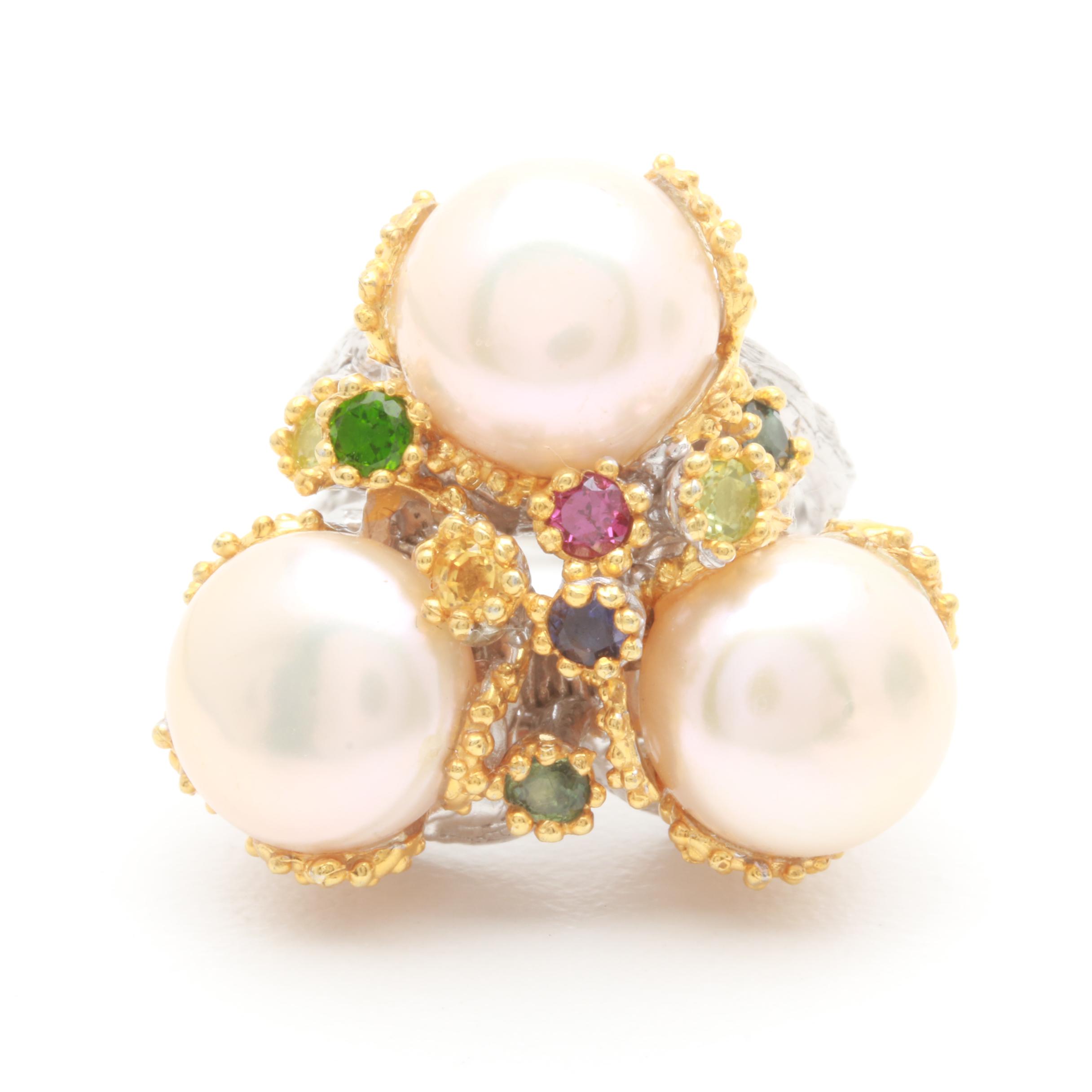 Sterling Silver Cultured Pearl and Gemstone Ring