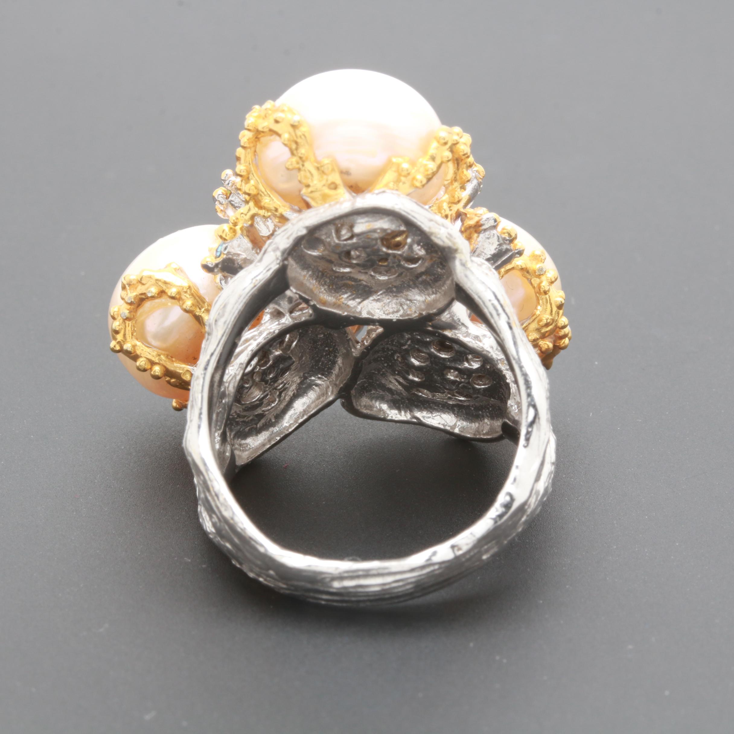 Sterling Silver Cultured Pearl and Gemstone Ring