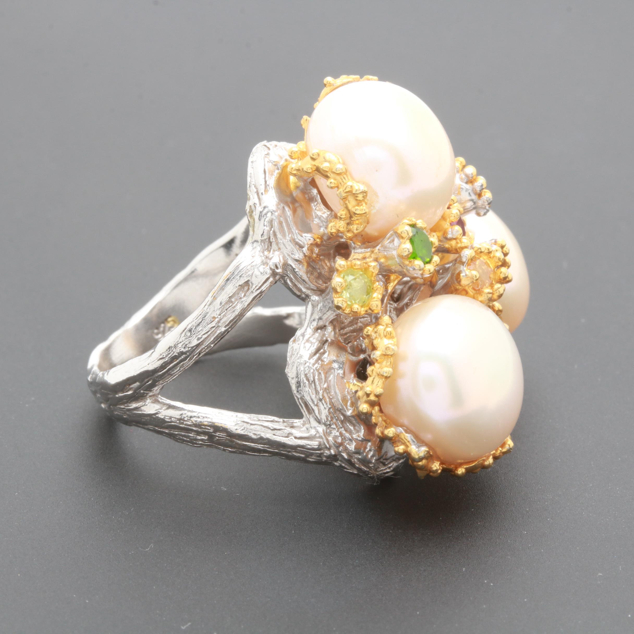 Sterling Silver Cultured Pearl and Gemstone Ring
