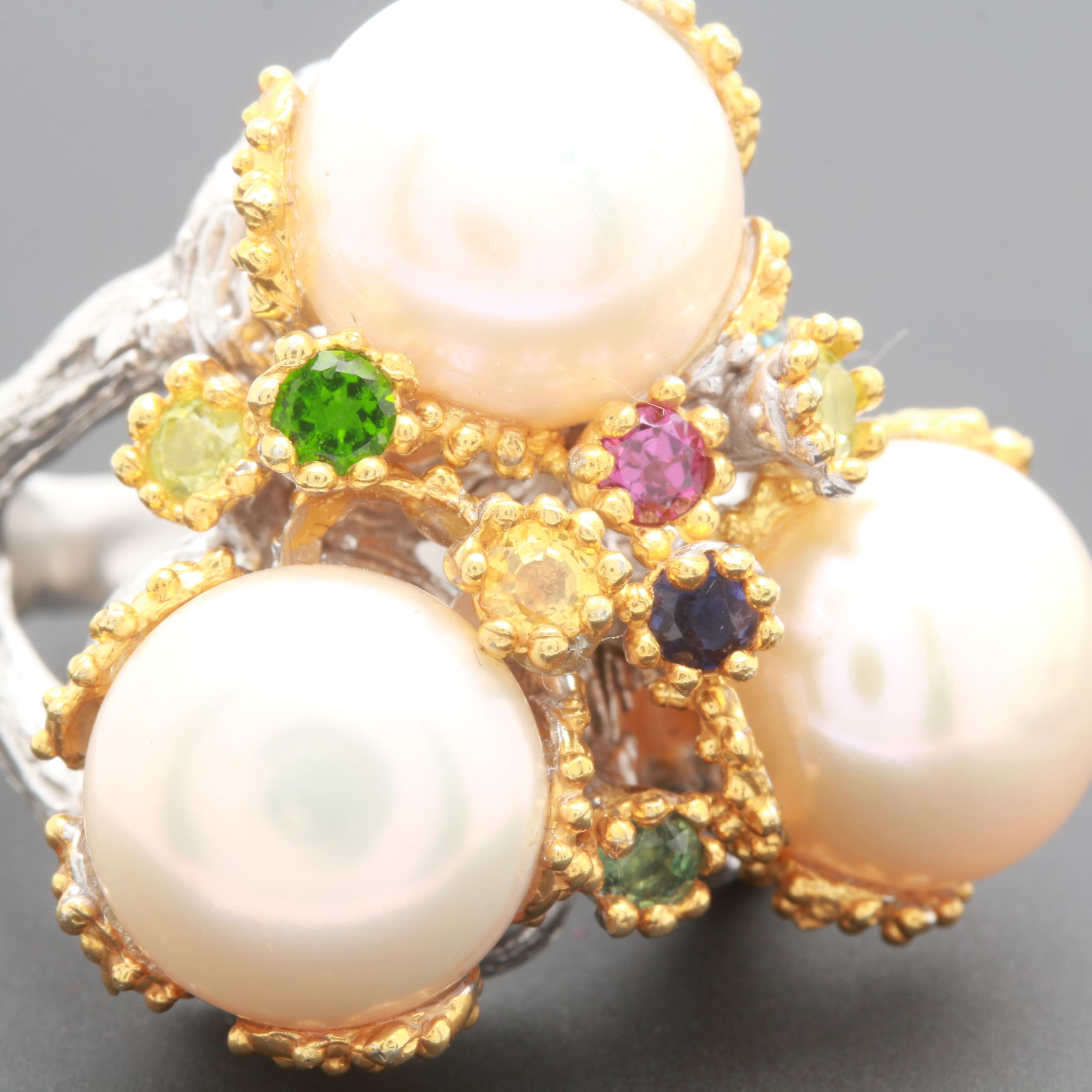 Sterling Silver Cultured Pearl and Gemstone Ring
