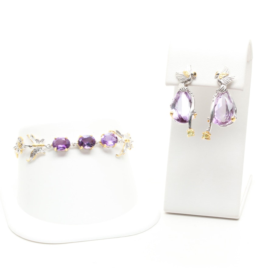 Sterling Silver Amethyst and Gemstone Bracelet and Earrings