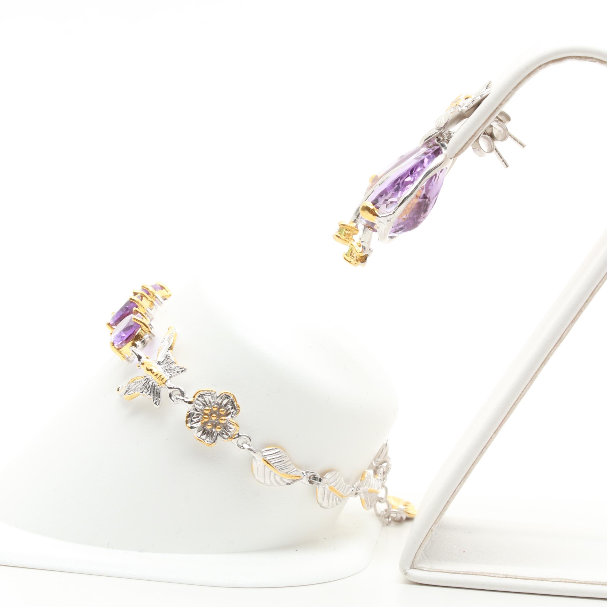 Sterling Silver Amethyst and Gemstone Bracelet and Earrings