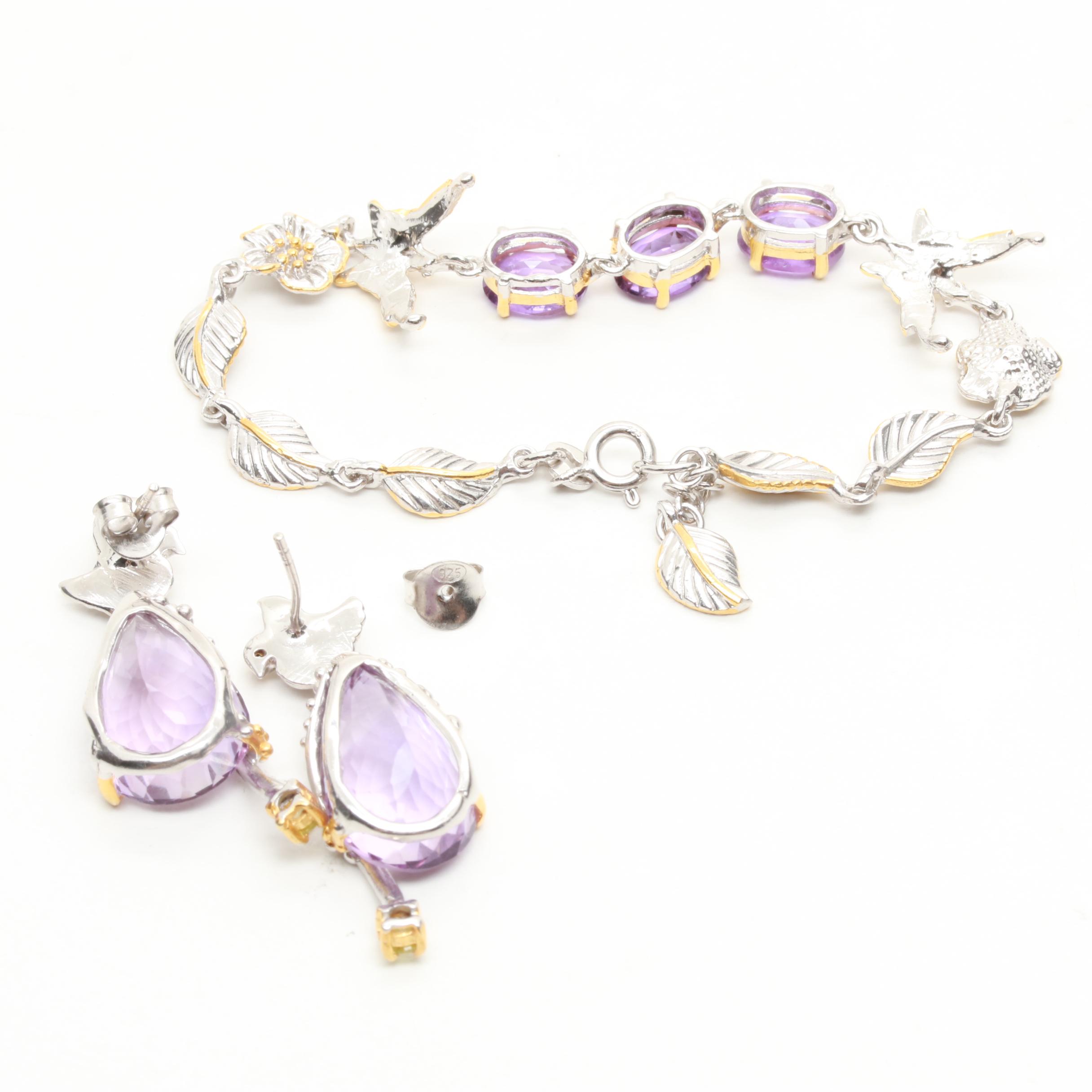 Sterling Silver Amethyst and Gemstone Bracelet and Earrings