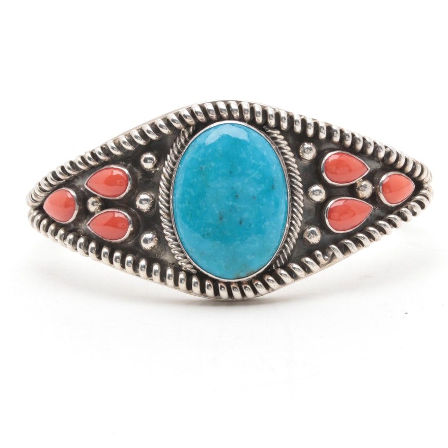 Running Bear Shop Sterling Silver Turquoise and Coral Cuff Bracelet