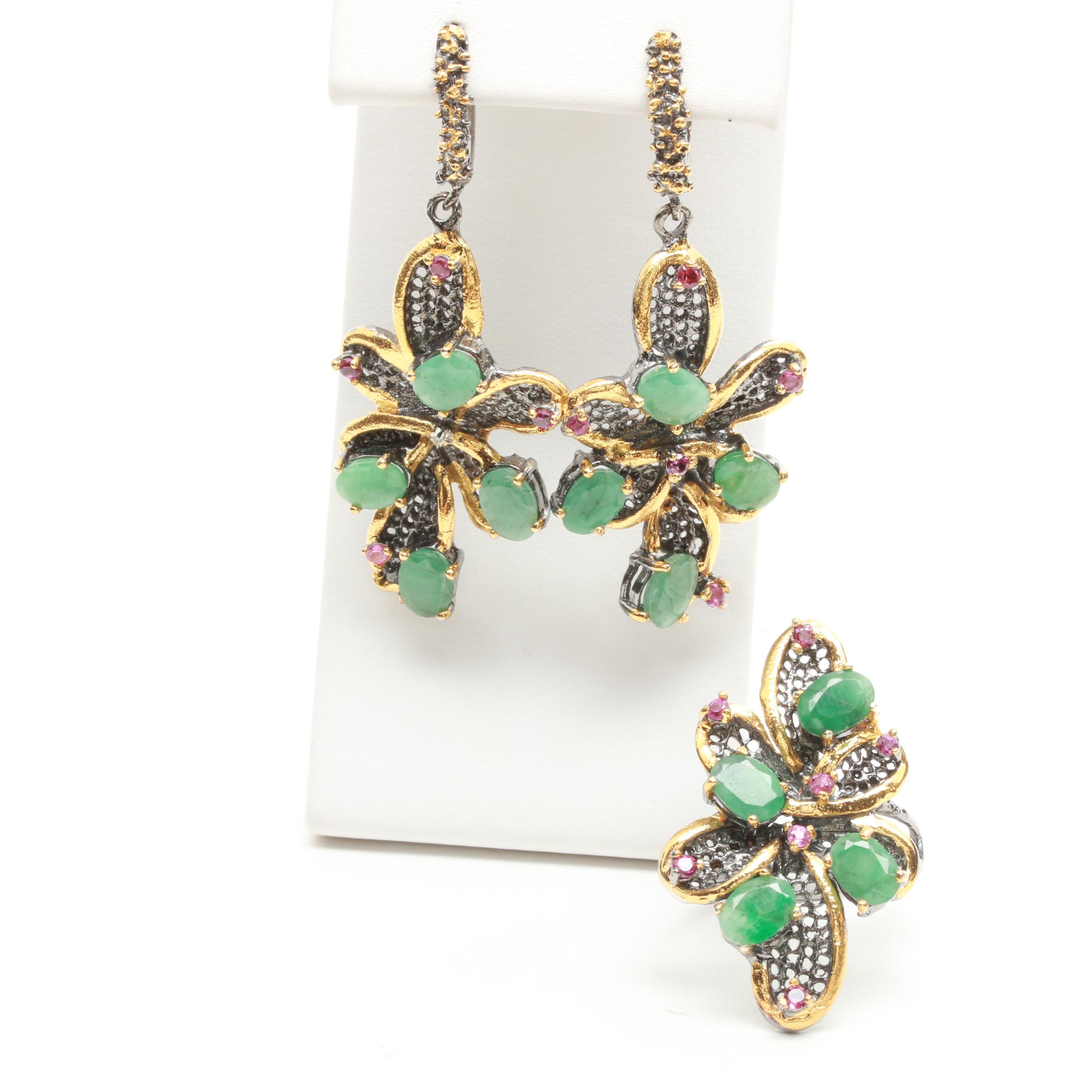 Sterling Silver Emerald and Rhodolite Garnet Floral Demi Parure