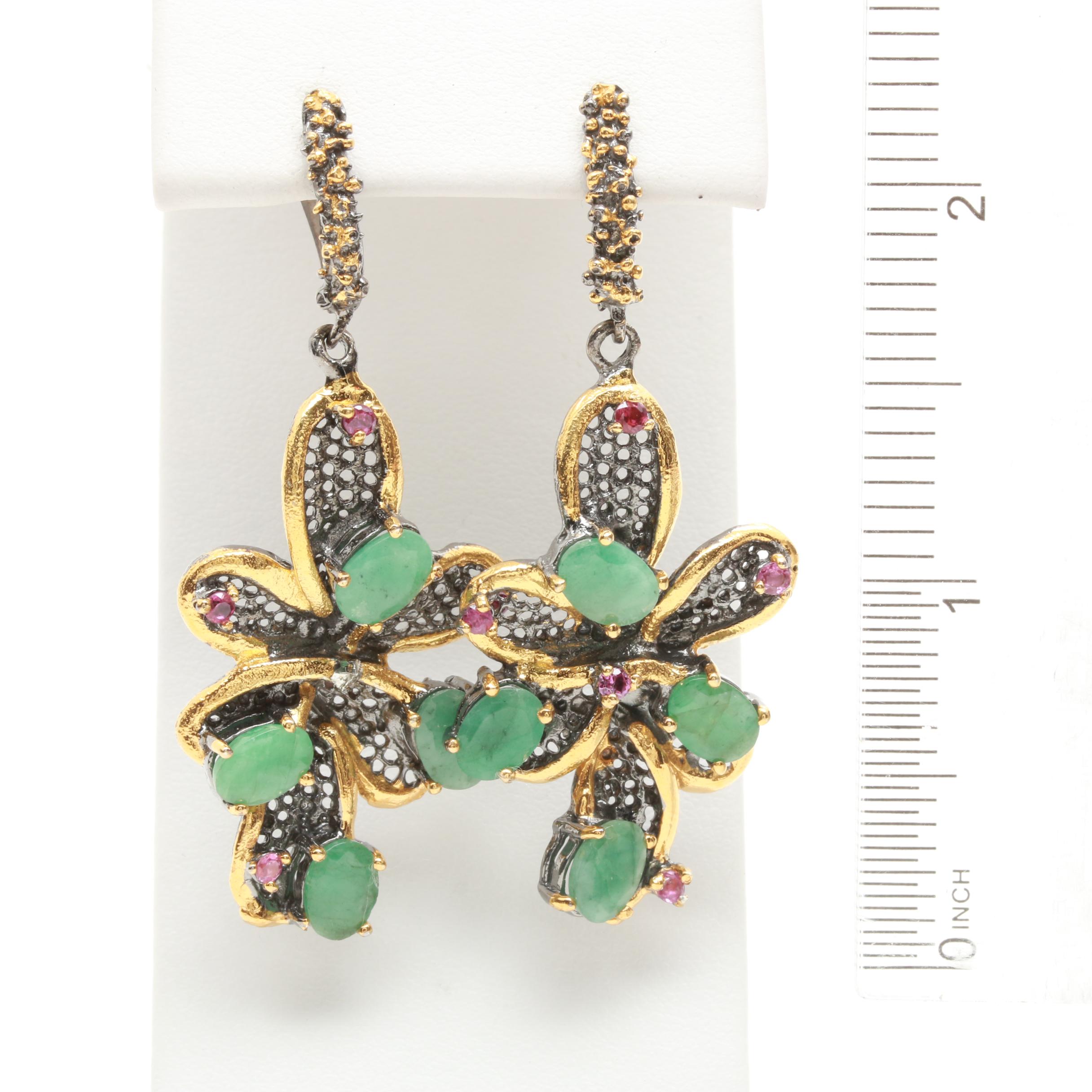 Sterling Silver Emerald and Rhodolite Garnet Floral Demi Parure