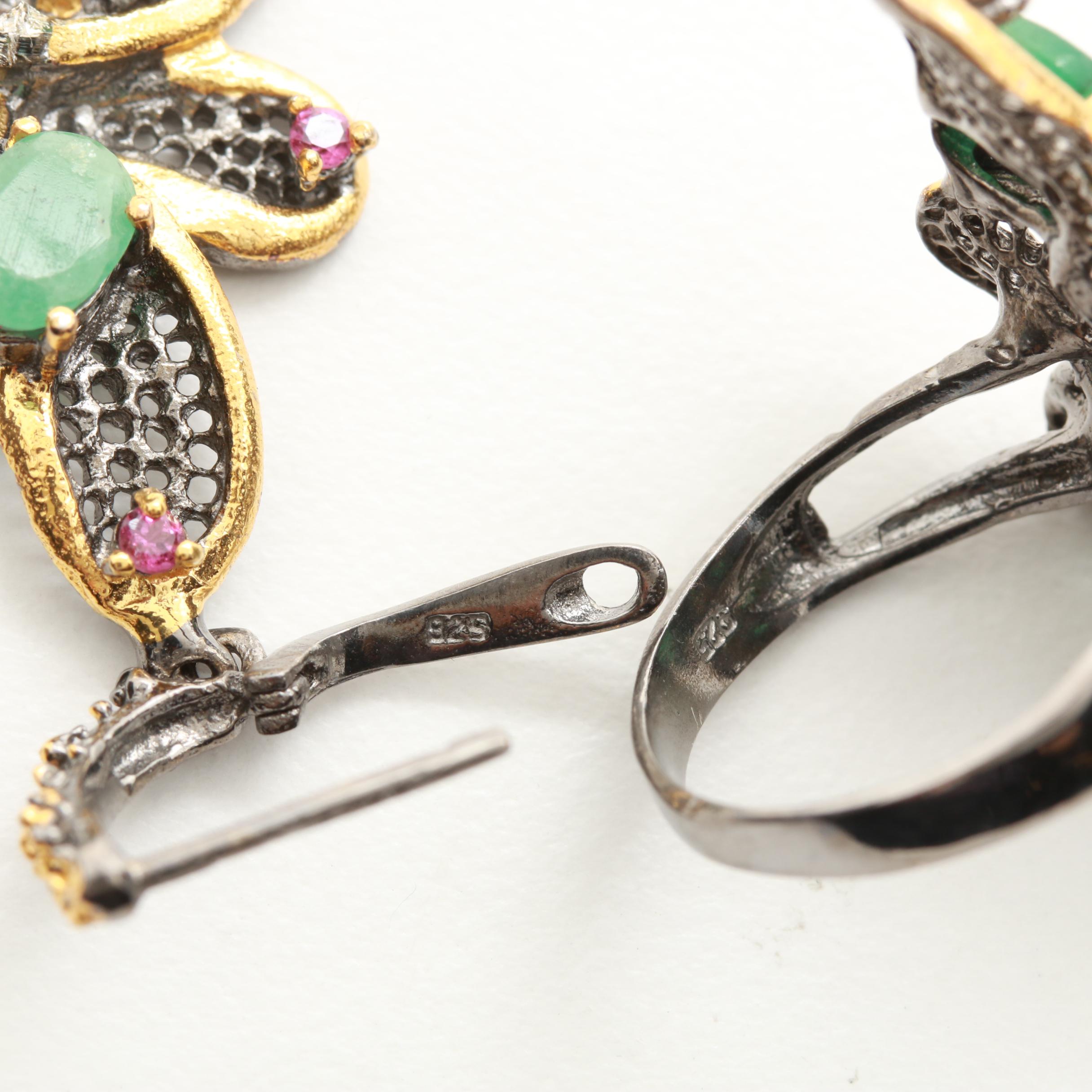 Sterling Silver Emerald and Rhodolite Garnet Floral Demi Parure