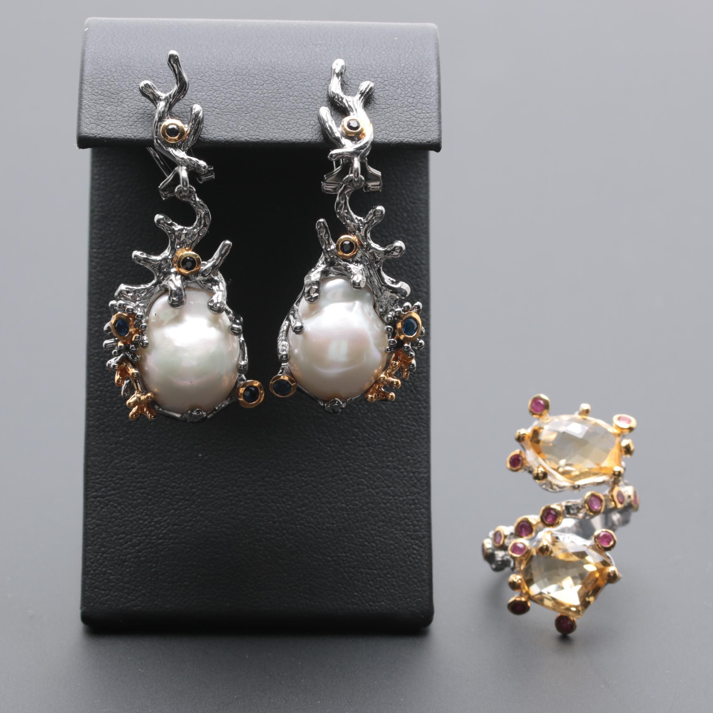 Sterling Silver Multi-Gemstone Abstract Ring and Earrings with Citrine
