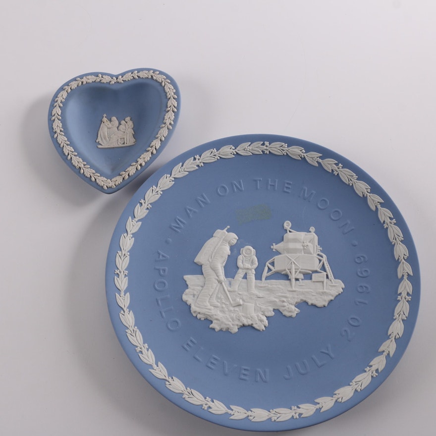 Vintage Wedgwood Blue Jasperware Apollo Commemorative Plate and Heart Dish