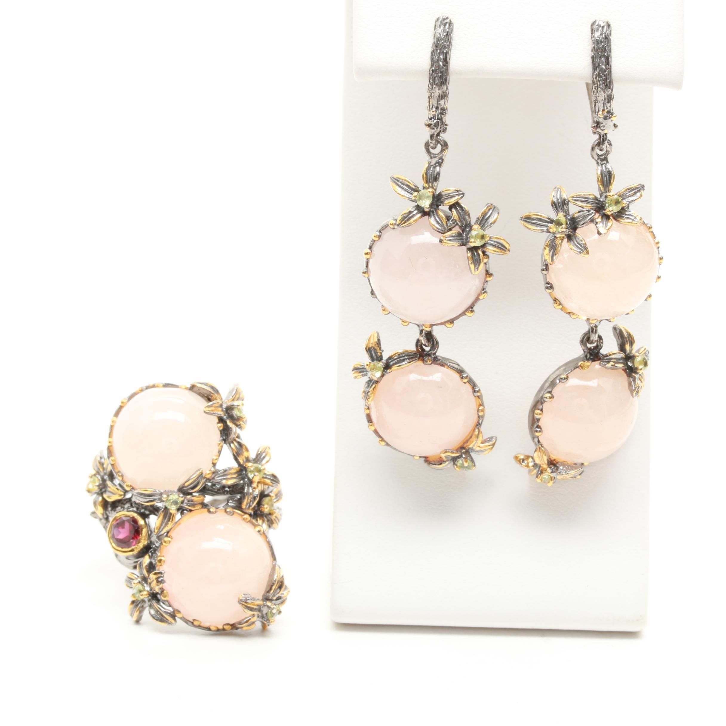 Sterling Silver Multi-Gemstone Floral Ring and Earrings Including Rose Quartz