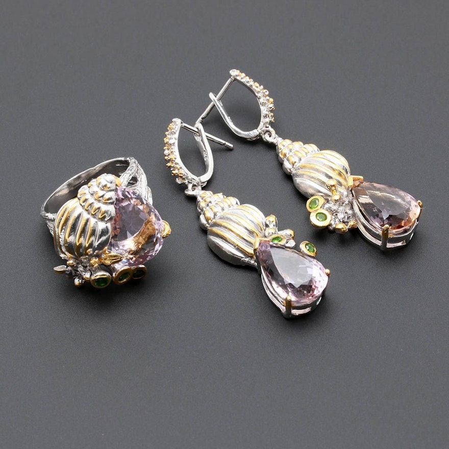Sterling Silver Shell Motif Ring and Earring Set Featuring Amethyst