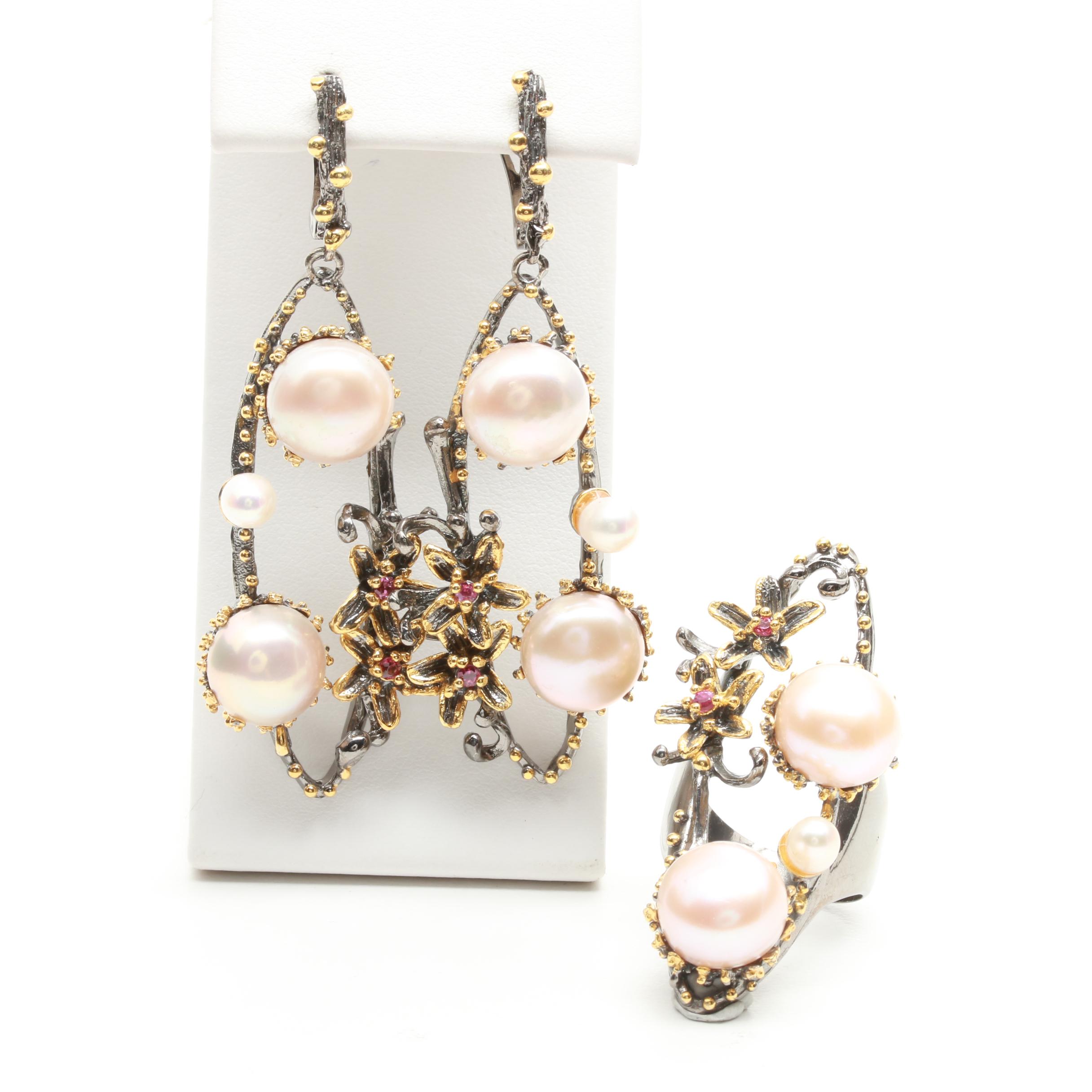 Sterling Silver Cultured Pearl and Garnet Demi Parure with Gold Wash Accents