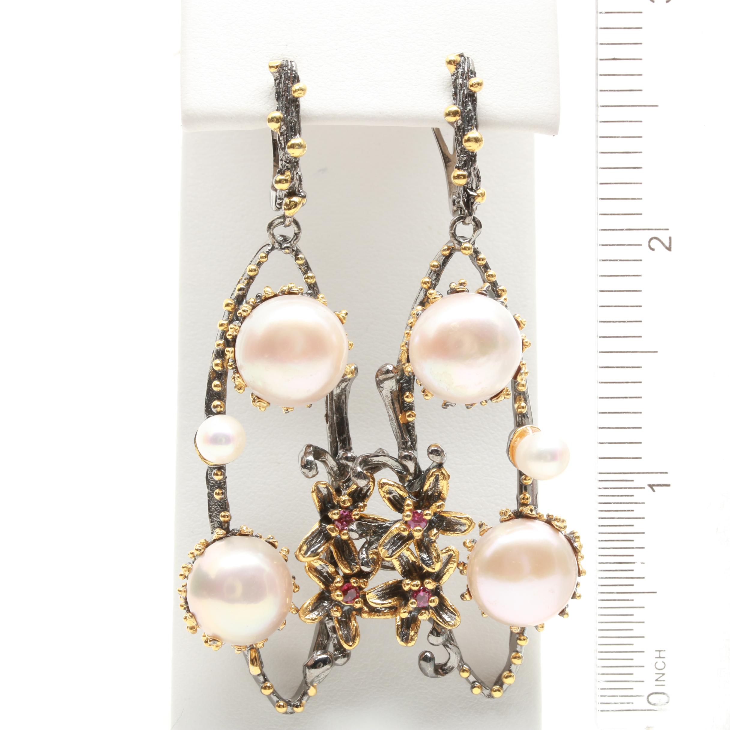 Sterling Silver Cultured Pearl and Garnet Demi Parure with Gold Wash Accents