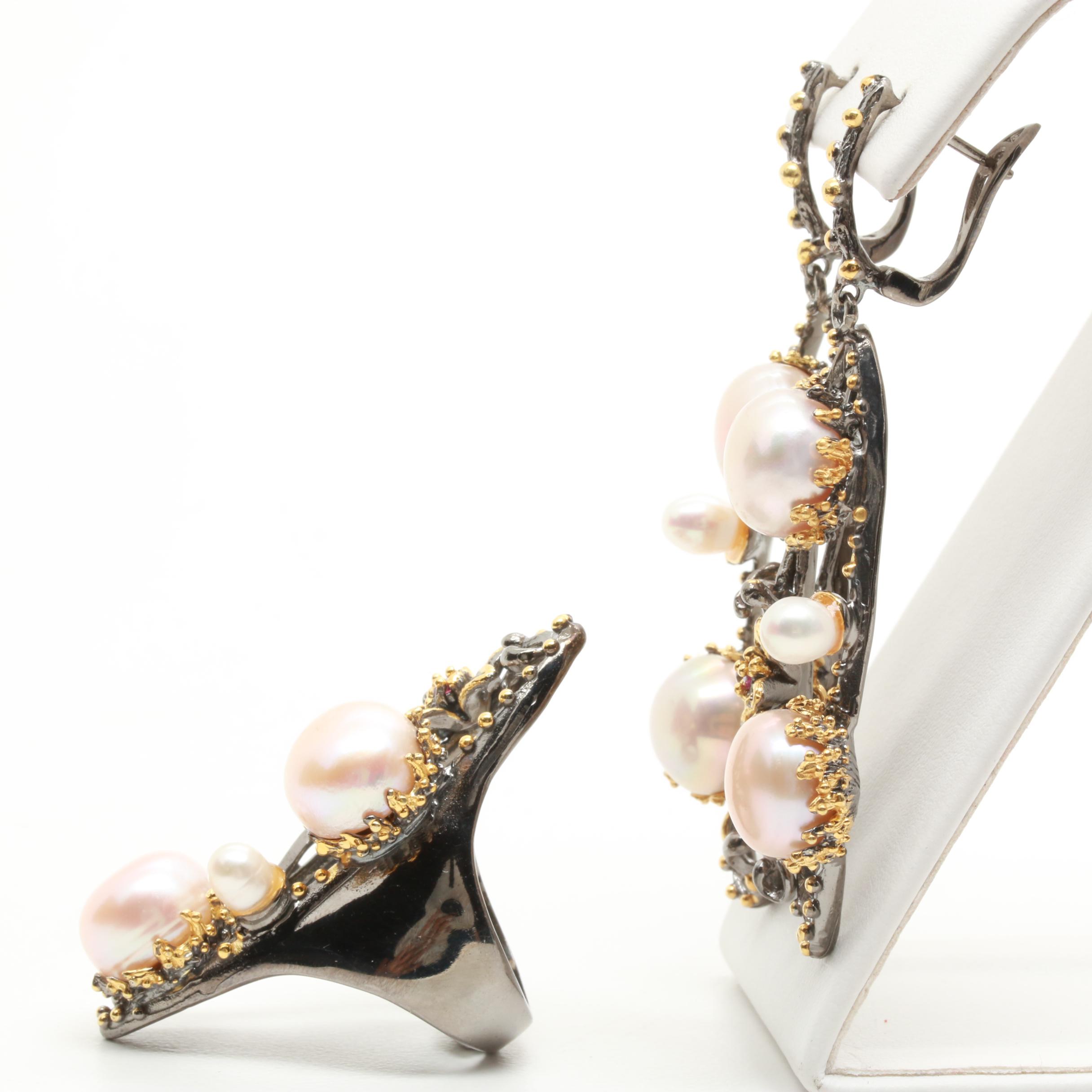 Sterling Silver Cultured Pearl and Garnet Demi Parure with Gold Wash Accents