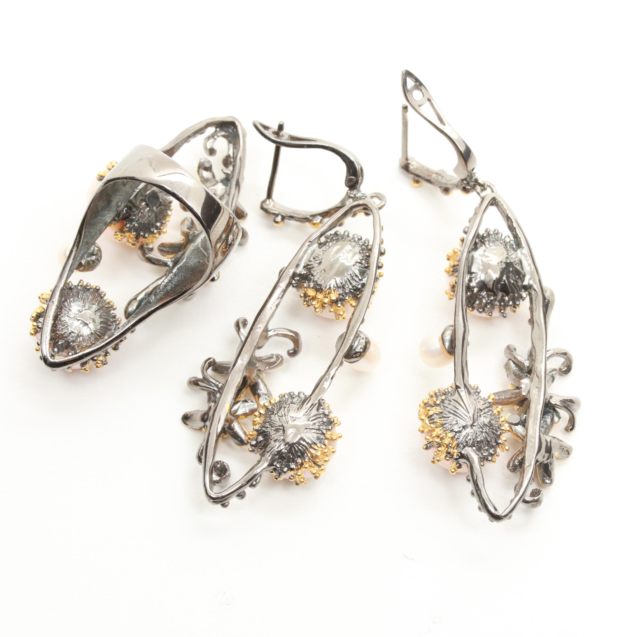 Sterling Silver Cultured Pearl and Garnet Demi Parure with Gold Wash Accents