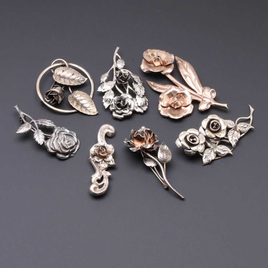 Sterling Silver Rose Brooches