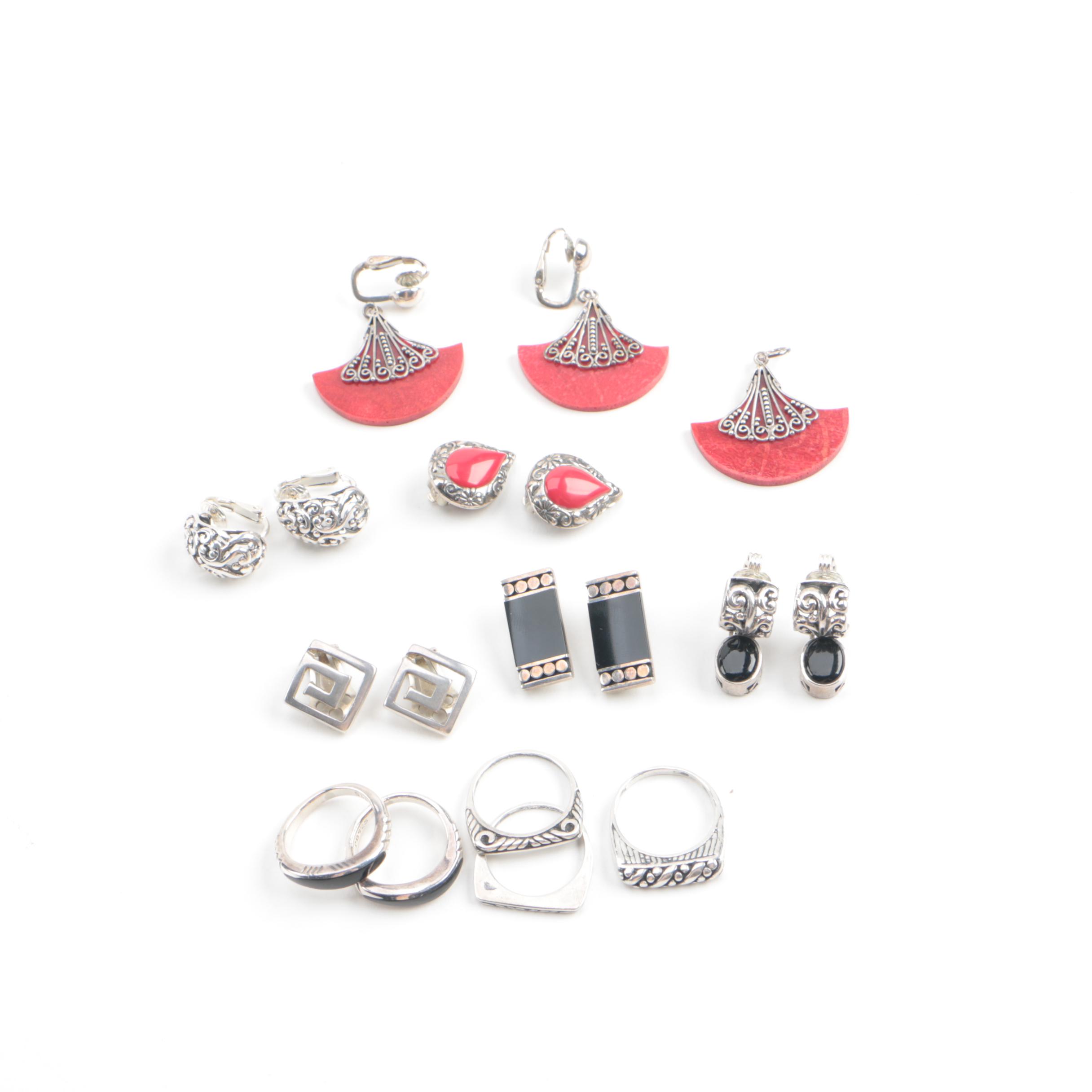 Sterling Silver  Coral, Onyx, and Resin Jewelry Including Stackable Rings