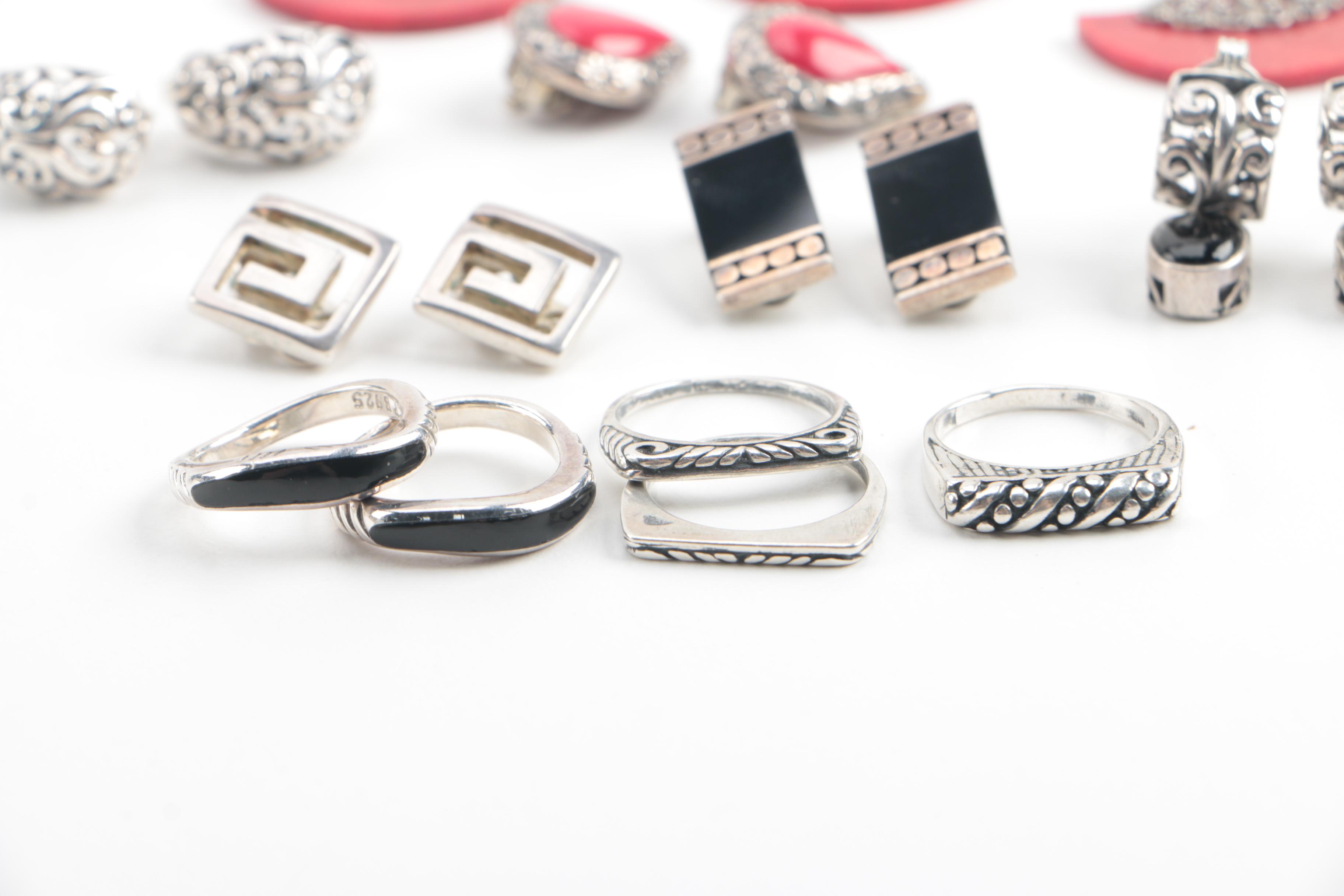 Sterling Silver  Coral, Onyx, and Resin Jewelry Including Stackable Rings