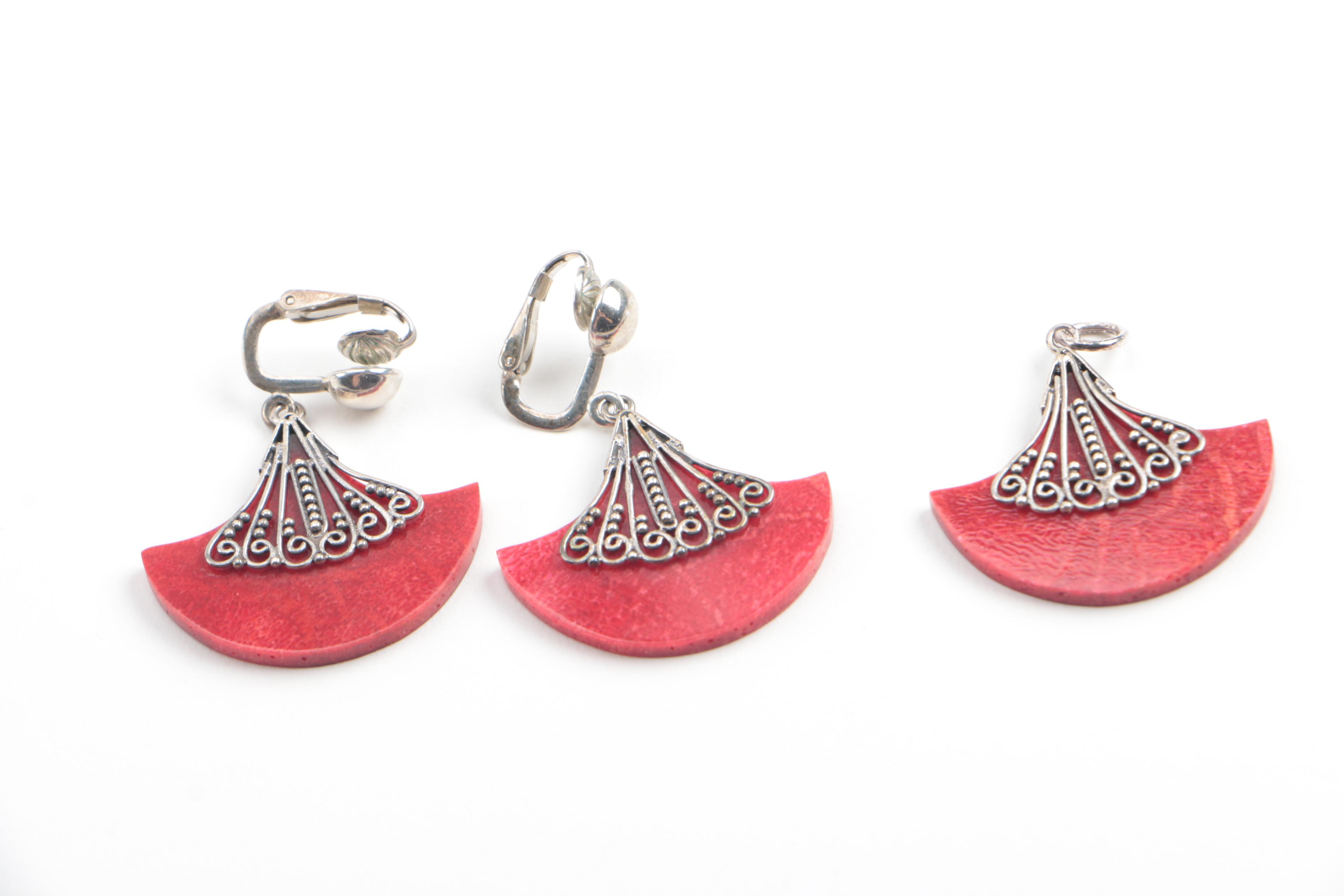 Sterling Silver  Coral, Onyx, and Resin Jewelry Including Stackable Rings