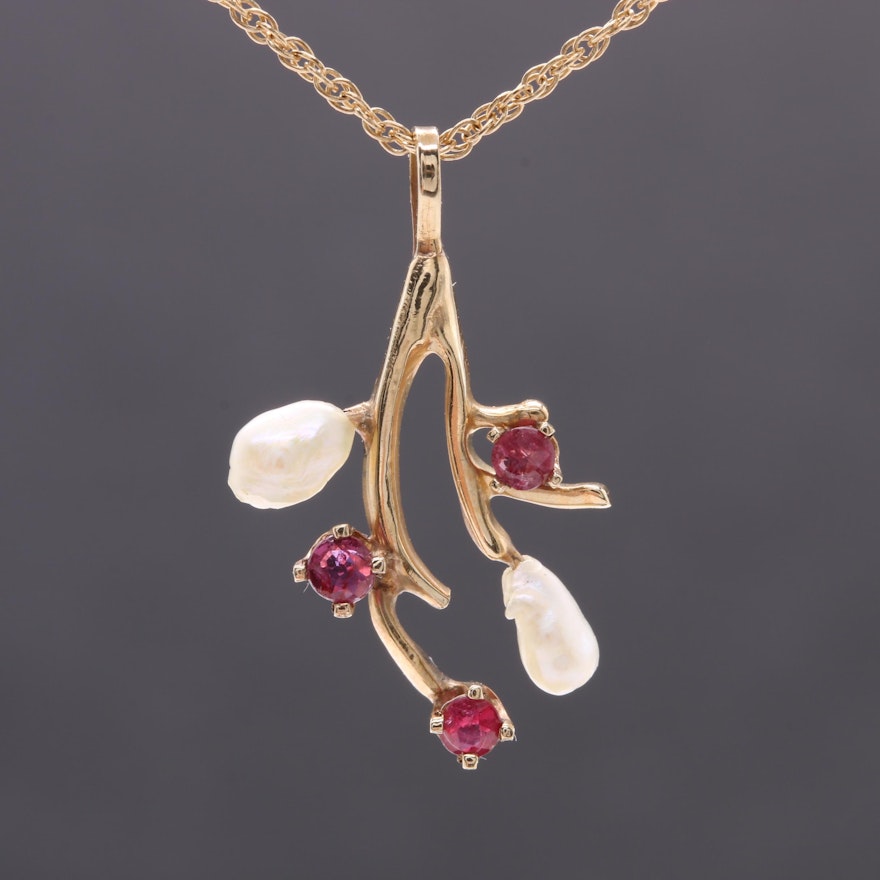 14K Yellow Gold Ruby and Cultured Pearl Pendant Necklace