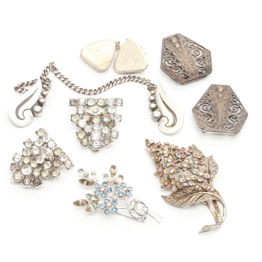 Assorted Sterling Silver and Base Metal  Foilback Glass Brooches