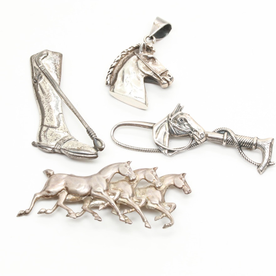 Sterling Silver Horse Theme Pendant and Brooches