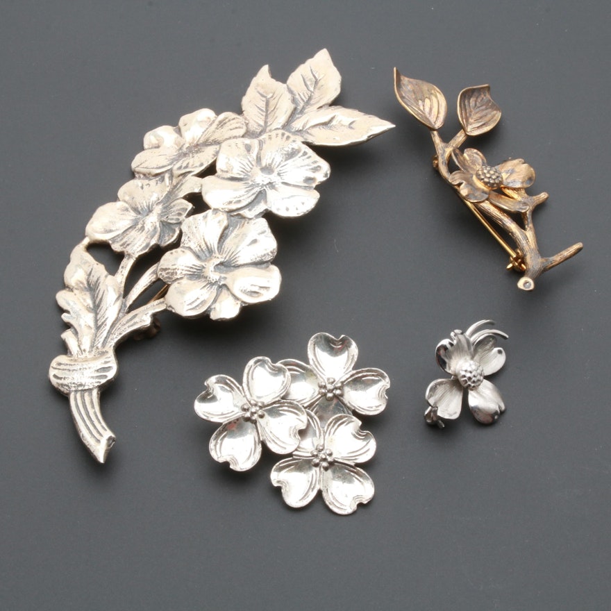 Sterling Silver Dogwood and Floral Brooches