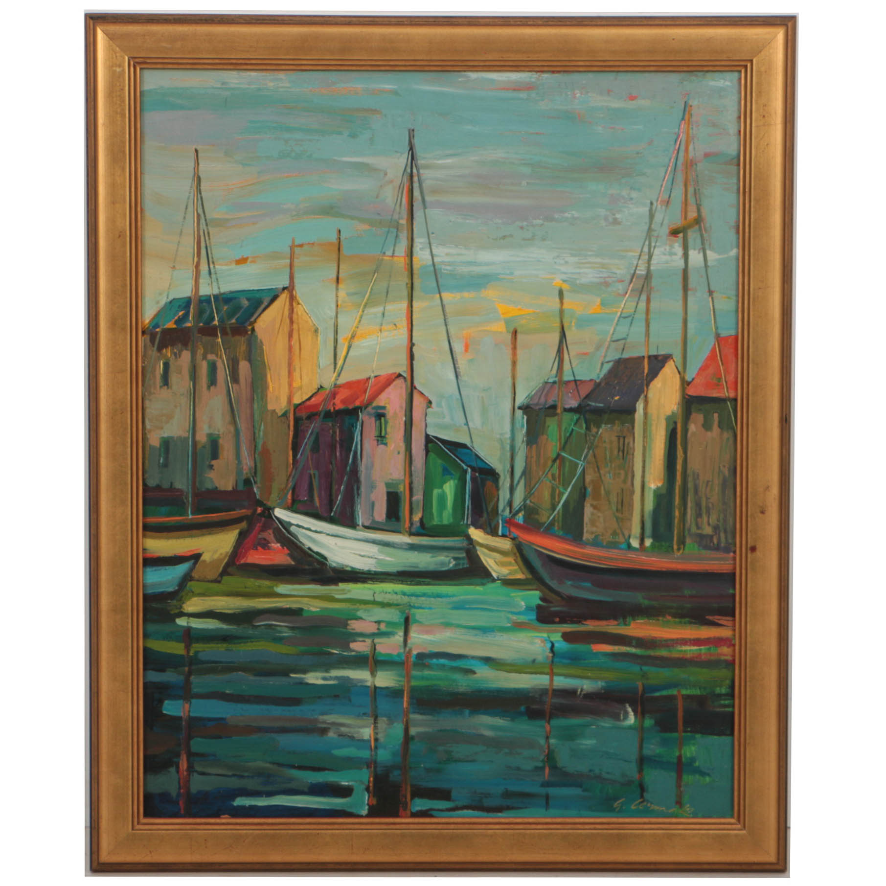 George Cermak Oil Painting on Board of Dock Scene