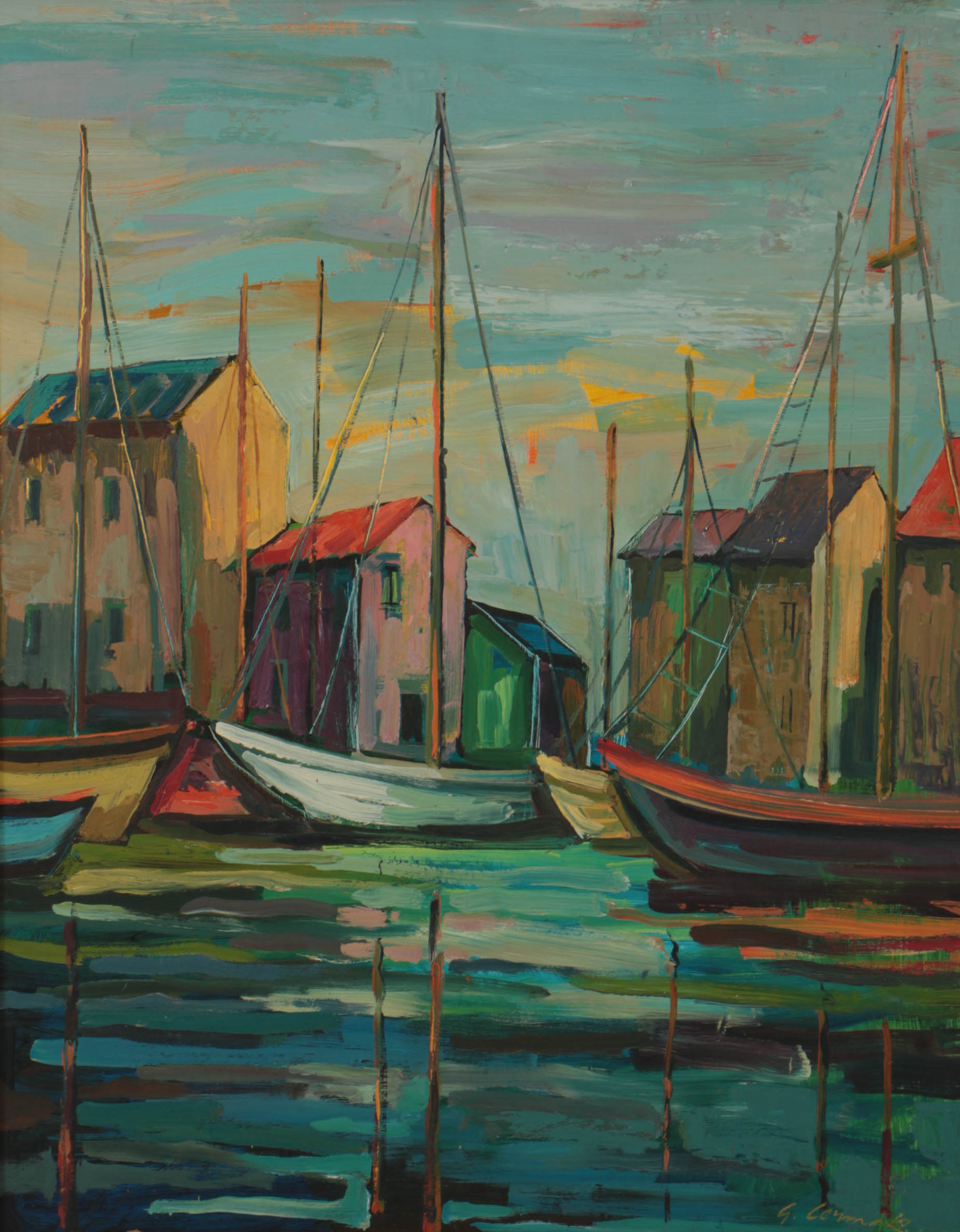 George Cermak Oil Painting on Board of Dock Scene