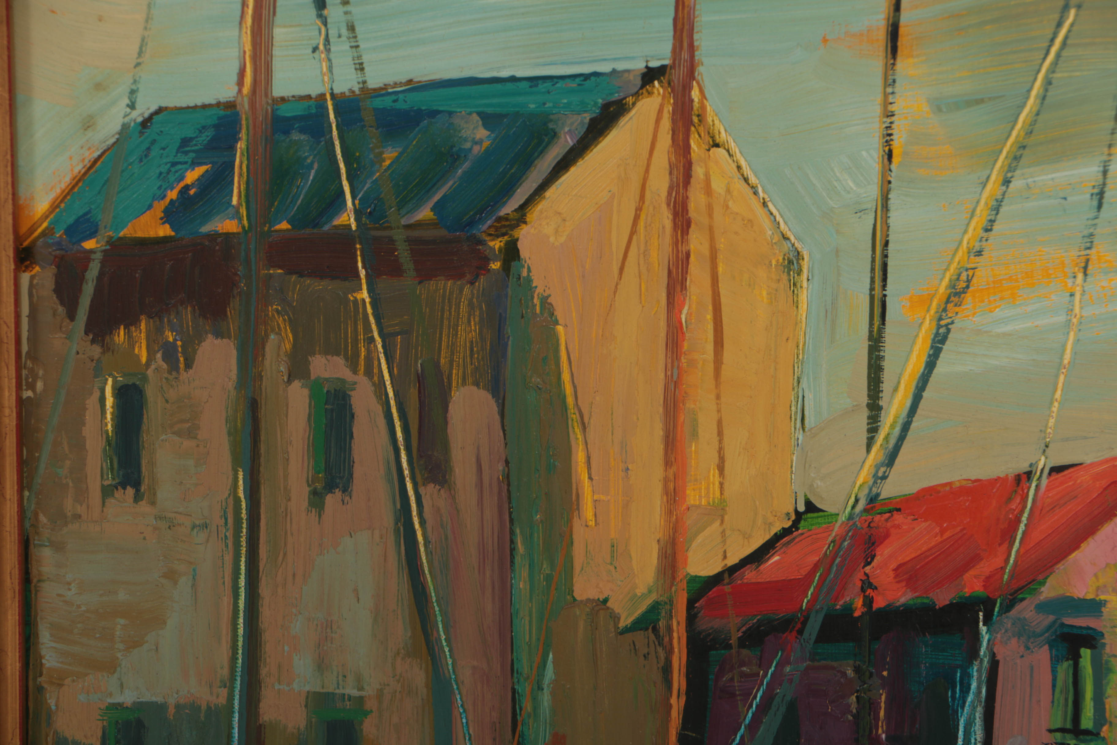 George Cermak Oil Painting on Board of Dock Scene