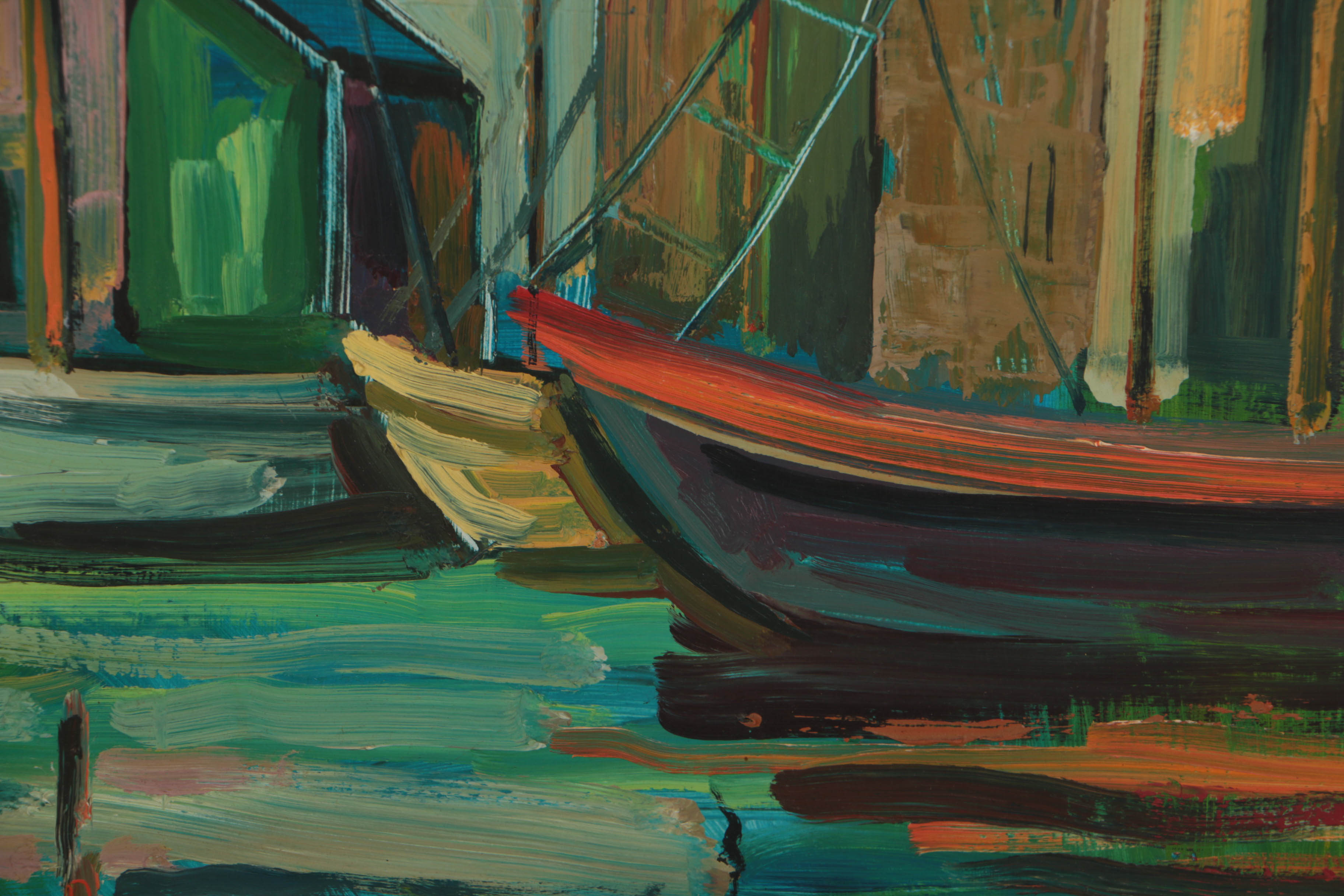 George Cermak Oil Painting on Board of Dock Scene