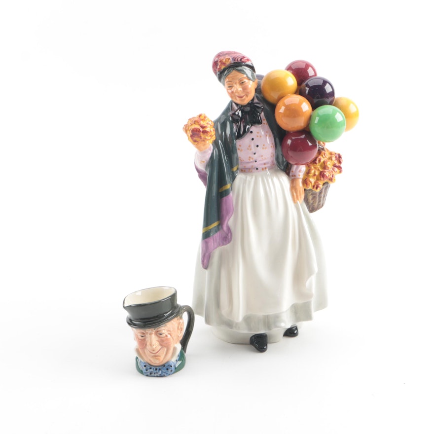 Royal Doulton Figurine "Biddy Pennyfarthing" and Miniature Character Jug