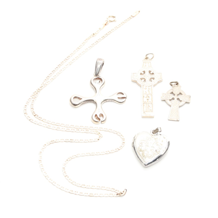 Sterling Silver Cross Pendant With Base Metal Heart Necklace