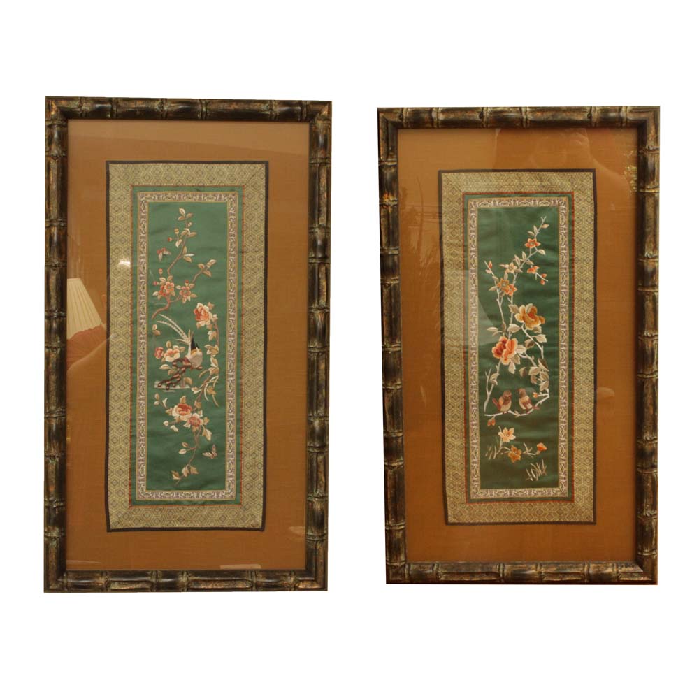 Pair of Framed Chinese Silk Embroidery Panels