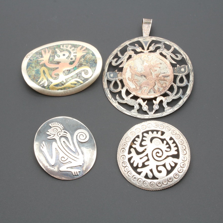 Taxco Sterling and 900 Silver Aztec Inspired Converter Brooches