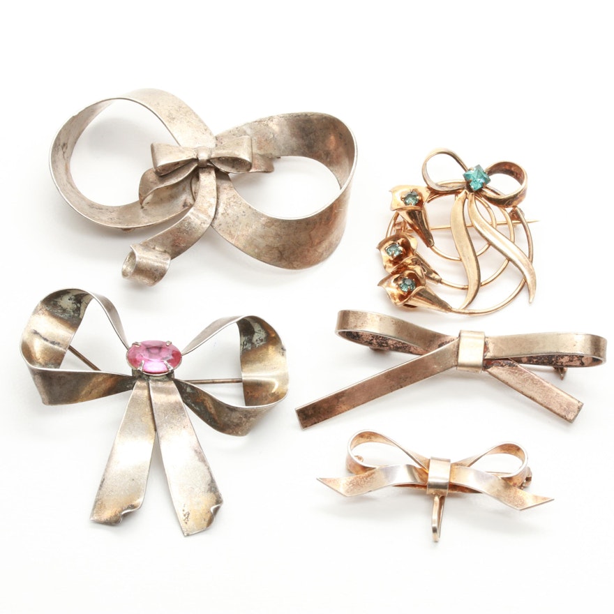 Assorted Sterling Silver and Base Metal Ribbon and Bow Brooches