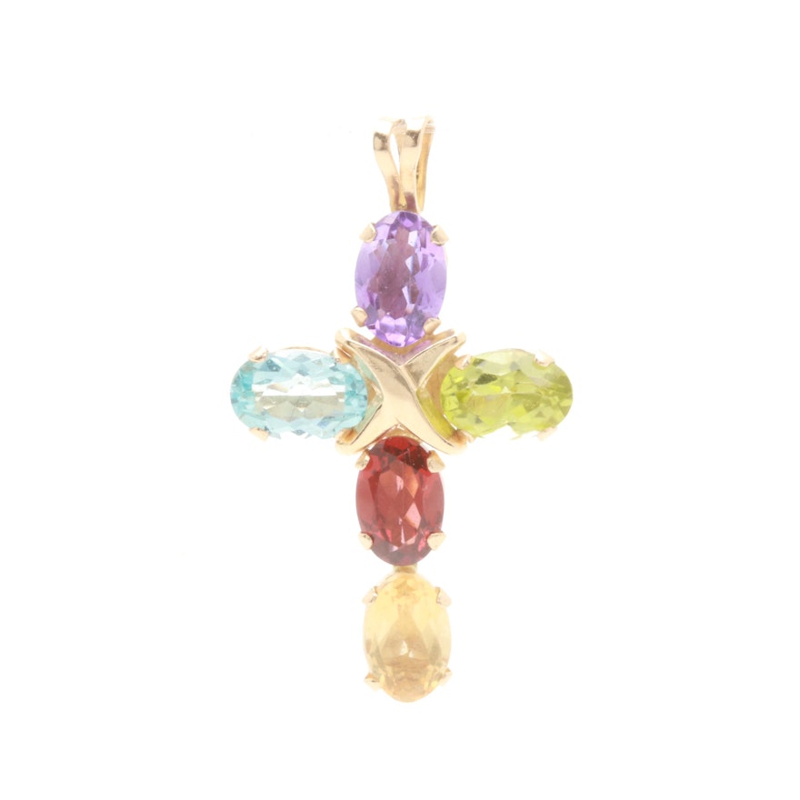 10K Yellow Gold Blue Topaz, Peridot, Garnet, Amethyst and Citrine Pendant