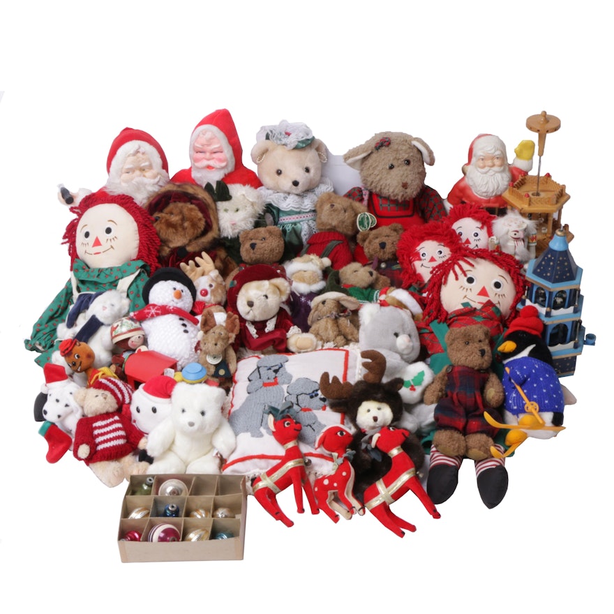 Vintage Christmas Themed Stuffed Animals, Toys, Ornaments and Dolls