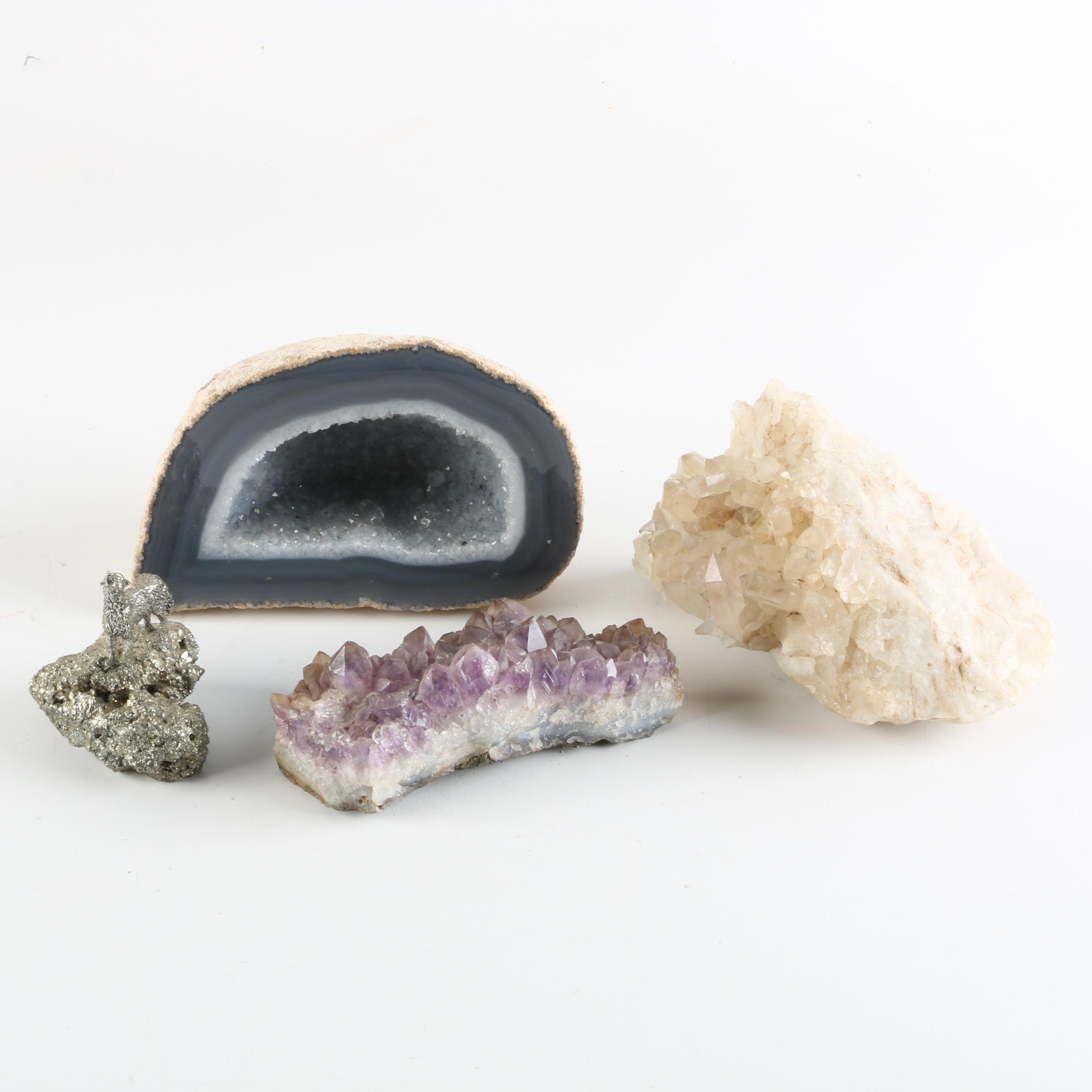 Amethyst, Quartz, Dyed Quartz, and Carved Pyrite