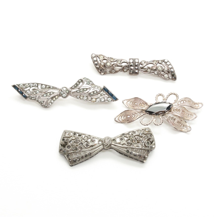 Sterling Silver and Base Metal Gemstone Bow Brooches