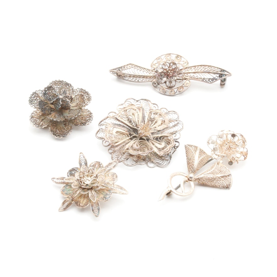 Sterling Silver and Base Metal Filigree Floral Brooches