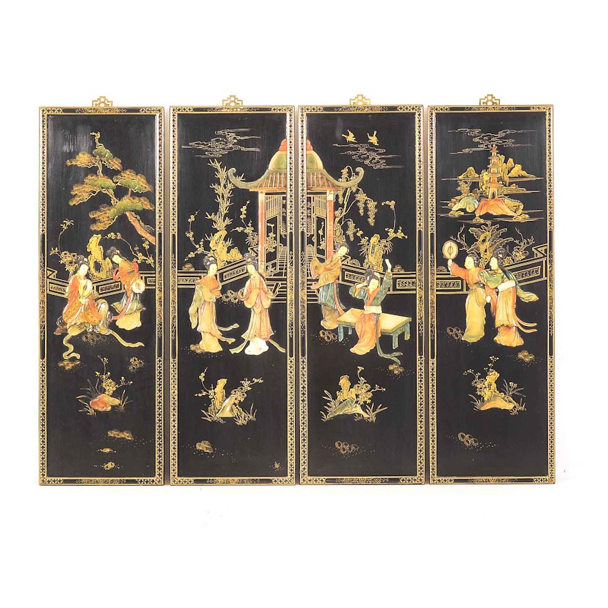 Four Chinese Lacquered Panels with Carved Figures