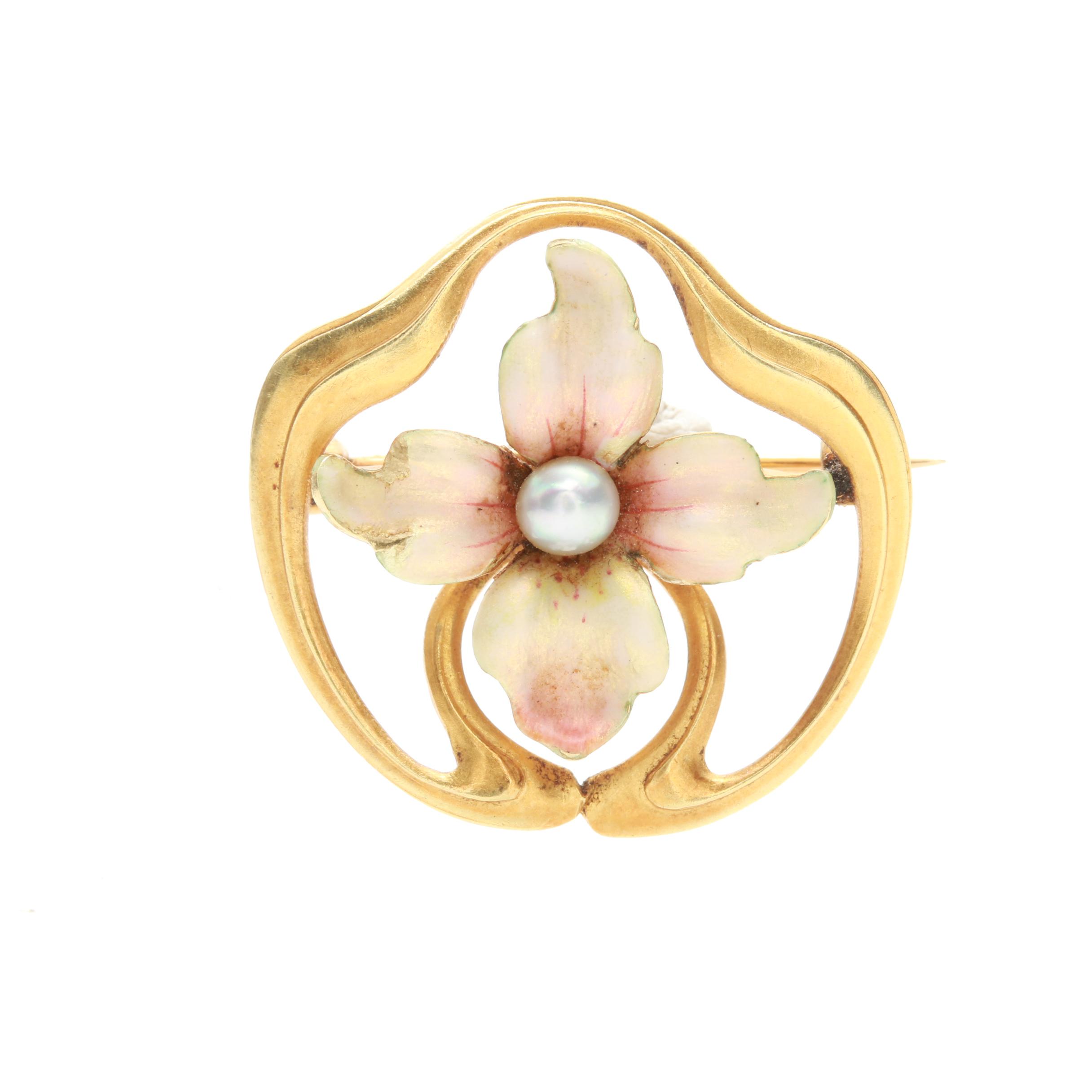 Art Nouveau 14K Yellow Gold Cultured Pearl and Enamel Brooch