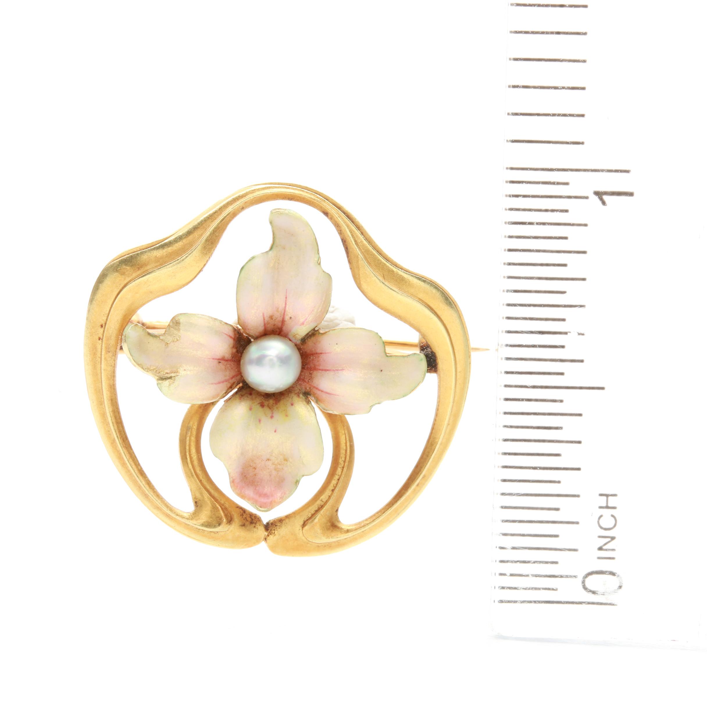 Art Nouveau 14K Yellow Gold Cultured Pearl and Enamel Brooch