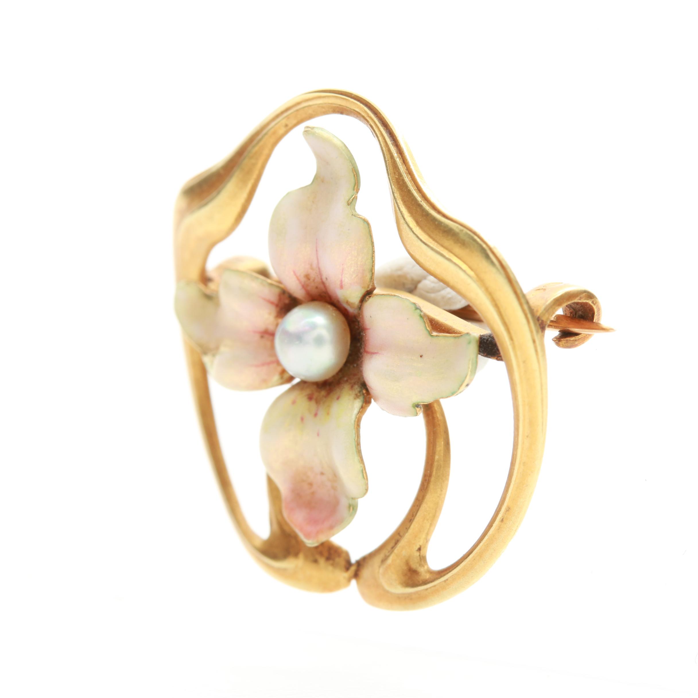 Art Nouveau 14K Yellow Gold Cultured Pearl and Enamel Brooch