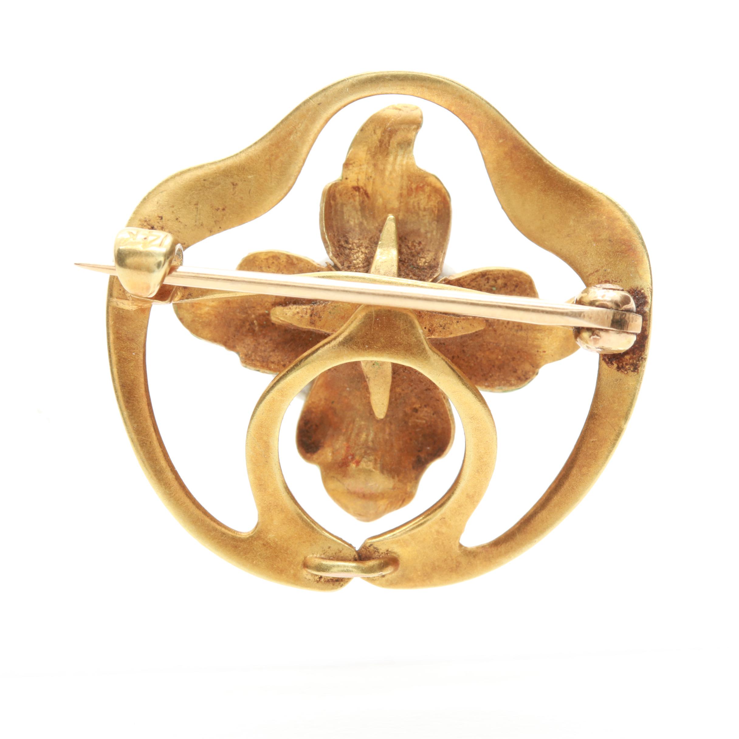 Art Nouveau 14K Yellow Gold Cultured Pearl and Enamel Brooch