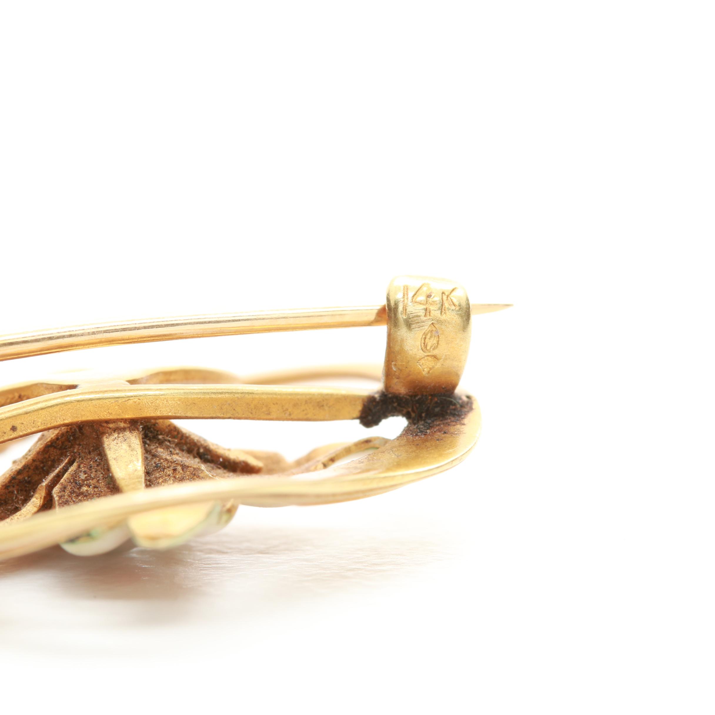 Art Nouveau 14K Yellow Gold Cultured Pearl and Enamel Brooch